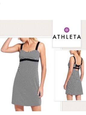 Athleta Black & White Stripe Pura Swim UPF 50+ Dress 36 B/C Built in bra. Beach